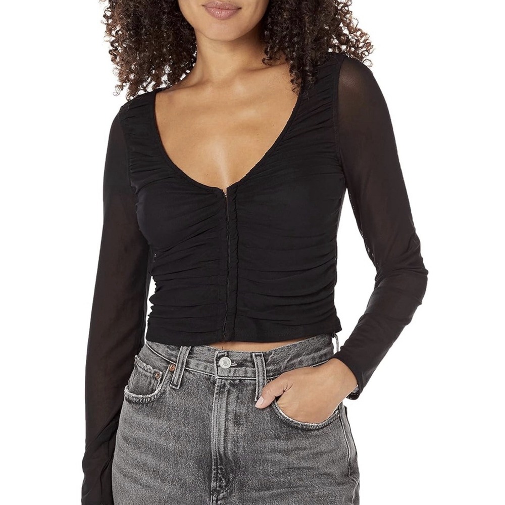 Steve Madden Mesh Top‎ Women Medium Black New Ruched V-Neck Long Sleeve Cropped